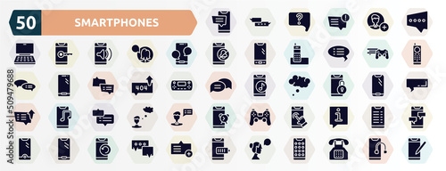 smartphones filled icons set. glyph icons such as cellphone sms, black chat bubble, phone with message, video game console ps4, error sending message, phone locked, chat bubble with ellipsis, phone