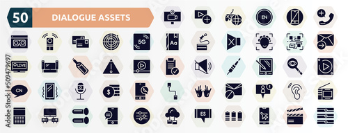 dialogue assets filled icons set. glyph icons such as video chat, emergency call, 5g, qr scan, warning, pda, recorder, spam, cupboard, spanish language icon.