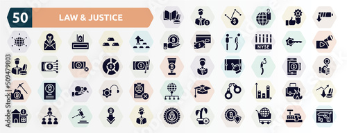 law & justice filled icons set. glyph icons such as finance book, low energy, ingot, keyword, allocation, depressed, corruption, handcuffs, organization chart, ungrowth icon.