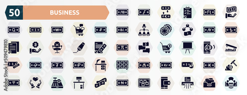 business filled icons set. glyph icons such as som, get money, swiss franc, namecoin, highlight, board stand, tugrik, krone, solidarity, cork board icon.