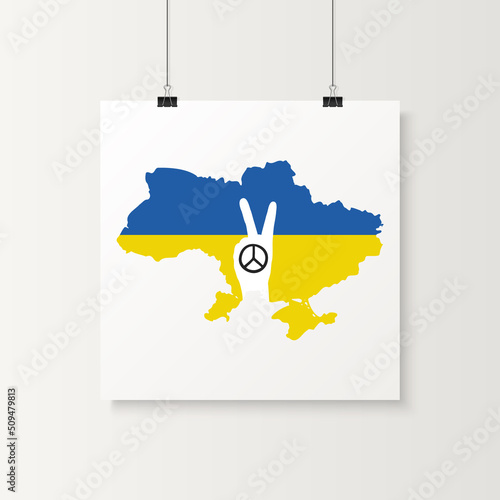 Save Ukraine. Peace Sign Hand Gesture with Ukranian Map and Flag. Symbol of Support Ukraine. No War. Vector Illustration. Slogan, Call for Peace in Ukraine. Stop War. Tshirt, Plackard Print