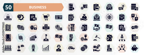 business filled icons set. glyph icons such as oil barrel, budgeting, cheque, taxes, paper shredder, refund, debit card, bid, apology, casino chip icon.