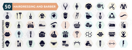 hairdressing and barber filled icons set. glyph icons such as aztec necklace, suit on hanger, modern haicut, consultation, pair of sneakers, lotion bottle, hair comb, molecular, flanges mascara,
