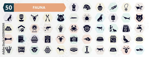 fauna filled icons set. glyph icons such as shampoo, guide dog, panda bear head, big swordfish, dog poo, man dog and stick, portable kennel, water bowl, terraraium, scratching platform icon.