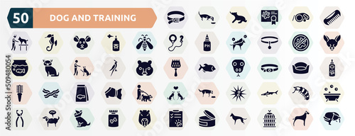 dog and training filled icons set. glyph icons such as dog leads, pet comb, big wasp, no animals, nymphicus hollandicus, dog collar, fish food, sea urchin, pet disease, canned food icon.