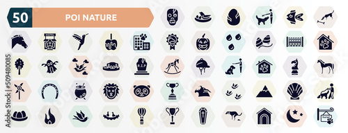 poi nature filled icons set. glyph icons such as zombie, dog smelling a bone, hotel building, fence for horses jumps, dog resting, pet hotel, cauldron, birds group, fire flame, coffin icon.