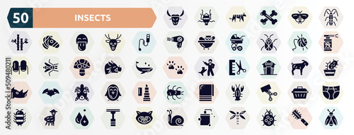 insects filled icons set. glyph icons such as buffalo, cockroach, teasing stick, wool, boar, pet house, turtle, lobster, alpaca, pet shampoo icon.