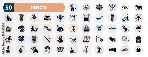 insects filled icons set. glyph icons such as giraffe, polar bear, maple leaf, walking the dog, worm, shark, owl, branch, cocoon, termite icon.