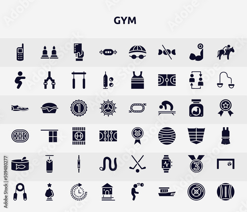 gym filled icons set. glyph icons such as variometer, swiss bar, squats, number one, down indicator, boxing bag, earthworm, third place, stilt house icon.