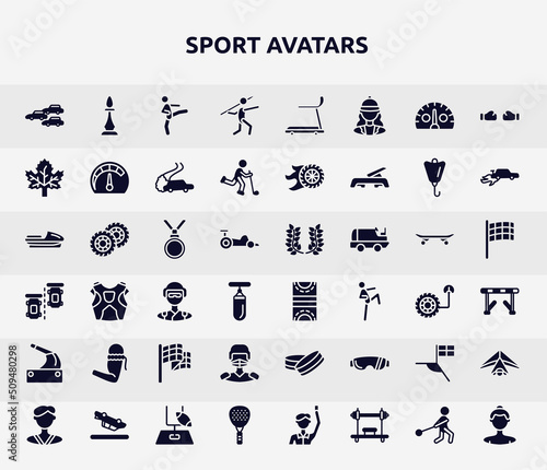 sport avatars filled icons set. glyph icons such as apex, javelin, m leaf, nobel prize, hockey pitch, armband, hockey player, football flag, padel icon.