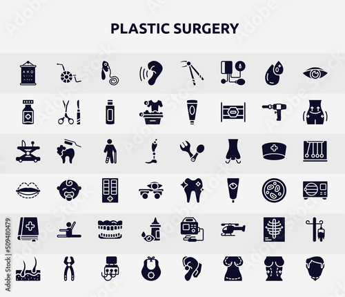 plastic surgery filled icons set. glyph icons such as sight check table, hearing, medicine jar, injured male, orthodontic, stretch, eye drop, x rays, baby bib icon.