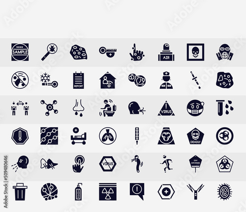 filled icons set. glyph icons such as sample, , antibacterial, rhinitis, thermometer, smallpox, no virus, stay informed, hazmat