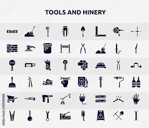 tools and hinery filled icons set. glyph icons such as balance ruler, dyupel, linoleum, dumpster, electric gauge, cutter facing left, davit, , big stapler icon. photo