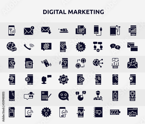 digital marketing filled icons set. glyph icons such as connection, thanksgiving, around the globe, phone on vibrational mode, , anonymous message, smiles, full charged battery, 4g technology,