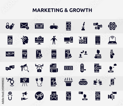 marketing & growth filled icons set. glyph icons such as locking, virtual reality glasses, low, swipe up, reel, projection, swipe right, , verified icon.