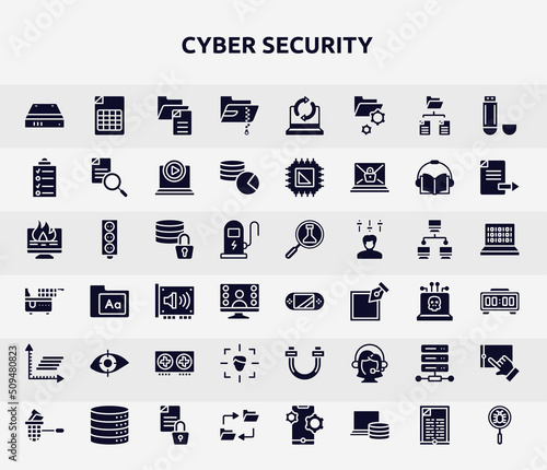 cyber security filled icons set. glyph icons such as hard drive, compressed file, data list, data encryption, handheld console, retinal scan, detection, web hosting, data synchronization