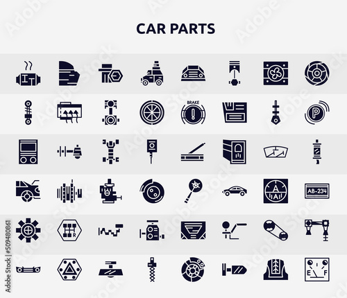 car parts filled icons set. glyph icons such as car catalytic converter, car luggage rack, suspension, chassis, crank, gearbox, carburettor, camshaft, coil icon.