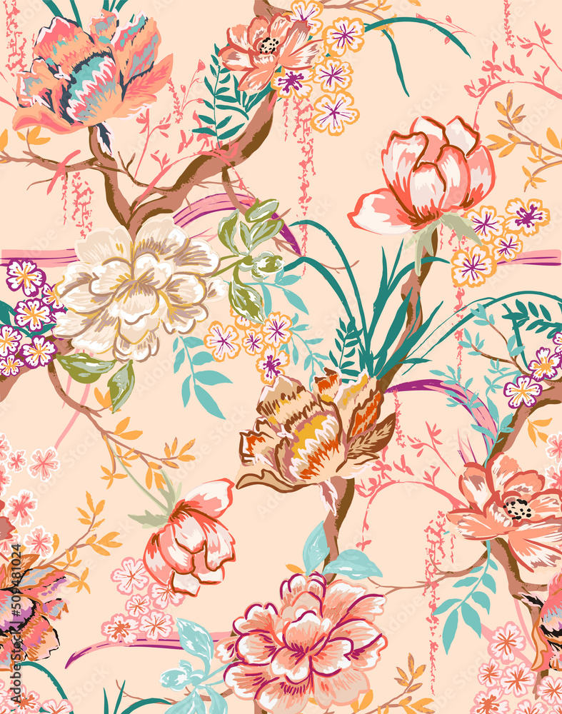 Colorful asian style floral pattern. Floral tapestry pattern with