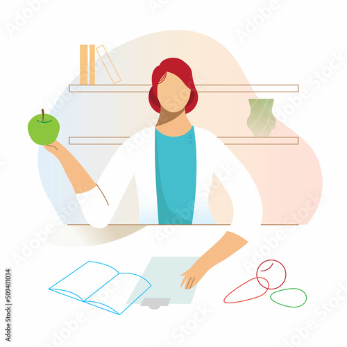 Nutritionist concept. Nutrition therapy with healthy food and physical activity. Vector illustration in cartoon style