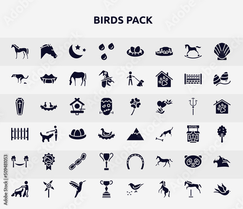 birds pack filled icons set. glyph icons such as horse standing, raindrops, dog shitting, birds house, mountain range, horse races badge, trophy cup, panda face, horses races trophy icon.