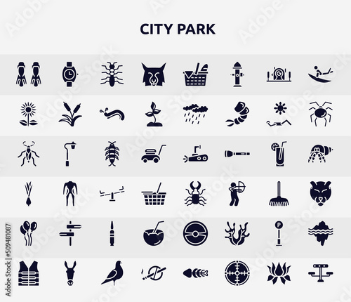city park filled icons set. glyph icons such as flippers, lynx, sunflowers, silverfish, stag beetle, road, coconut drink, , no smoking icon.