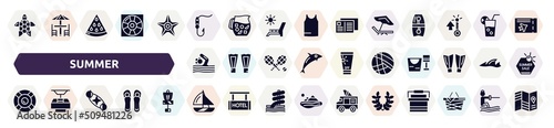 summer filled icons set. glyph icons such as sea turtle, fish and hook, beach chair, swimming person, beach volleyball, rubber ring, solstice, yatch boat, wreath icon.