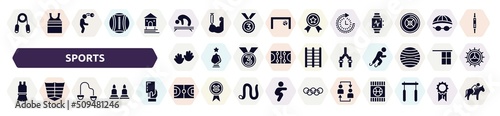 sports filled icons set. glyph icons such as handgrip, gymnastics, routine, hand, bicycle fork, sport wear, resistance band, basketball field, substitution icon.