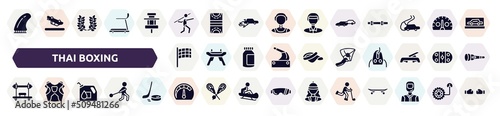 thai boxing filled icons set. glyph icons such as fin, javelin, chase, black flagged, hang glider, bench press, oil down, mph, bowman icon.