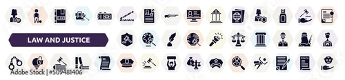 Fototapeta Naklejka Na Ścianę i Meble -  law and justice filled icons set. glyph icons such as attorney, police line, immigration, defense, law balance, criminal law, employment police cap, investigation icon.