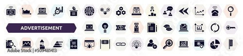 advertisement filled icons set. glyph icons such as live streaming, cdn, buzz, clean code, speech bubbles, defining, upload folder, web crawler, headhunting icon.