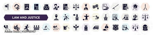 law and justice filled icons set. glyph icons such as murder, criminal, corporative law, prisioner, counsel, divorce, escape, ask a lawyer, bribery icon.