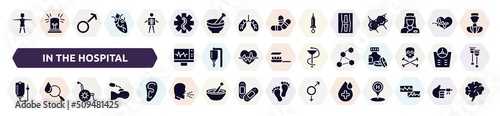 in the hospital filled icons set. glyph icons such as women, star of life, x ray of bones, electrocardiogram on screen, three hexagons cell, drip bag, wheelchair, unhealthy medical condition, drop