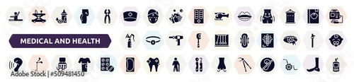 medical and health filled icons set. glyph icons such as stretch, doctor cap, sil, breast pump, sanitary napkin, hearing, dialysis, bedpan, forcep icon.
