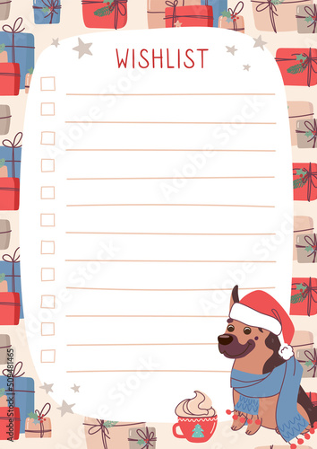 A festive winter wish list in a flat style. A funny dog in a Christmas hat and cappuccino decorates the Christmas wish list. Vector Christmas background for records