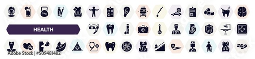 health filled icons set. glyph icons such as pimples, standing human body, car insurance, veneer, executive man, canine, bad breath, medical stethoscope variant, travel insurance icon.