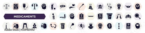 medicaments filled icons set. glyph icons such as chiropractic, cloretil, ambulance lights, injury, medical records, dental probe, walker, leech, magnetic resonance icon.