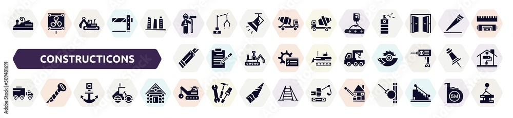 constructicons filled icons set. glyph icons such as wood brush tool, man painting, crane hand drawn tool, paper cutter, truck with crane, truck with freight, anchor navigational tool, derrick with constructicons filled icons set. glyph icons such as wood brush tool, man painting, crane hand drawn tool, paper cutter, truck with crane, truck with freight, anchor navigational tool, derrick with