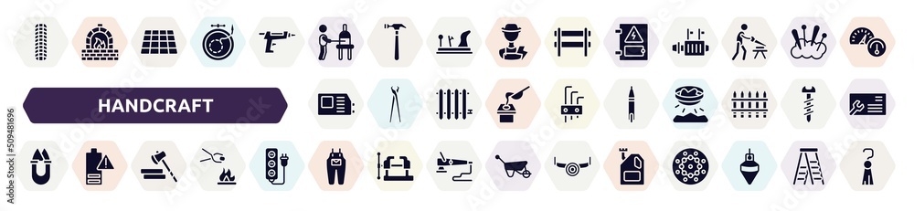 handcraft filled icons set. glyph icons such as tiremarks, glassblowing, electrical panel, welding hine, voltage indicator, handheld, lumberjack, jumpsuit, engine oil icon. handcraft filled icons set. glyph icons such as tiremarks, glassblowing, electrical panel, welding hine, voltage indicator, handheld, lumberjack, jumpsuit, engine oil icon.