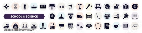 school & science filled icons set. glyph icons such as roundabout, basketball equipment, golf cart, plasma ball, hockey stick, booties, bollards, book of fairy tales, jump rope icon.
