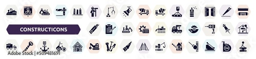 constructicons filled icons set. glyph icons such as wood brush tool, man painting, crane hand drawn tool, paper cutter, truck with crane, truck with freight, anchor navigational tool, derrick with
