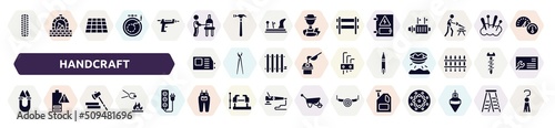 handcraft filled icons set. glyph icons such as tiremarks, glassblowing, electrical panel, welding hine, voltage indicator, handheld, lumberjack, jumpsuit, engine oil icon. photo