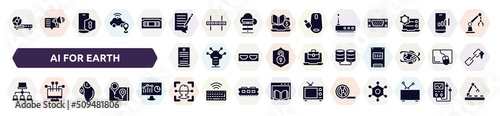 ai for earth filled icons set. glyph icons such as woofers, blogging, wireless router, computer server, database storage, site map, trackball, face recognition, magnetic tape icon.