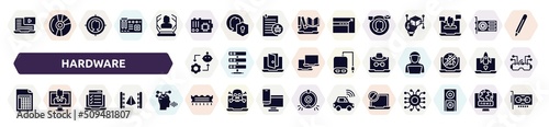 Fototapeta Naklejka Na Ścianę i Meble -  hardware filled icons set. glyph icons such as video lesson, mainboard, digital campaign, synchronizing, fraud, spreadsheet, online test, rom, ban icon.
