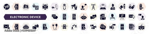 electronic device filled icons set. glyph icons such as no drone zone, vacuum, survival kit, emails, wanted, message received, tape player, phone charger, remove user icon.
