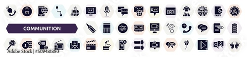 communition filled icons set. glyph icons such as voip, 4k, scammer, message in a bottle, hear, not found, dissatisfaction, clapboard, group chat icon.