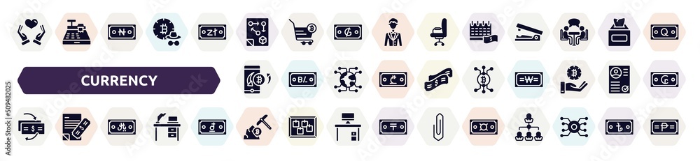 currency filled icons set. glyph icons such as solidarity, tactical, pay day, mobile banking, cryptocurrencies, cash flow, riyal, pickaxe, generic icon. currency filled icons set. glyph icons such as solidarity, tactical, pay day, mobile banking, cryptocurrencies, cash flow, riyal, pickaxe, generic icon.