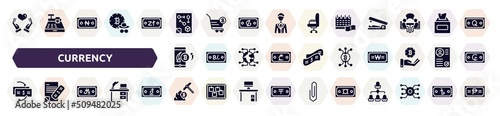 currency filled icons set. glyph icons such as solidarity, tactical, pay day, mobile banking, cryptocurrencies, cash flow, riyal, pickaxe, generic icon.