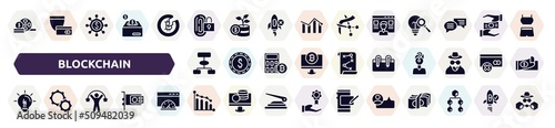 blockchain filled icons set. glyph icons such as film strip, biometric, seo and web, flowchart, attachment, idea bulb, confidence, low performance, viral marketing icon.