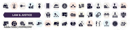 law & justice filled icons set. glyph icons such as burning, cabinet, real time strategy, world wide shopping, forecast, savings, cryptocurrency, gold ingot, investors icon.