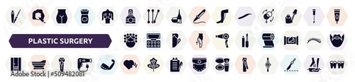 plastic surgery filled icons set. glyph icons such as lip gloss, cologne, eyebrows, hair curler, lip matt, infrared, shaver, hearts, nail clippers icon.